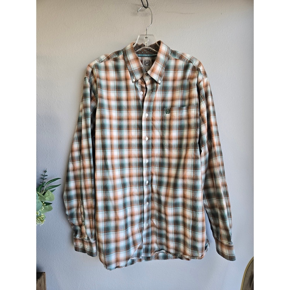 Cinch Western Plaid Button Down Long Sleeve Cotton Shirt Orange Green Medium M